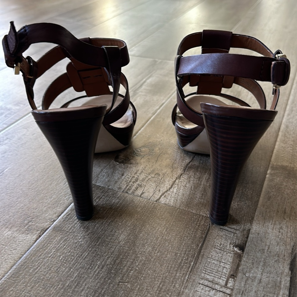 4.5” Stacked Wood Platform Leather Franco Sarto Betsy Chestnut Strappy Heels 9 - Picture 7 of 16